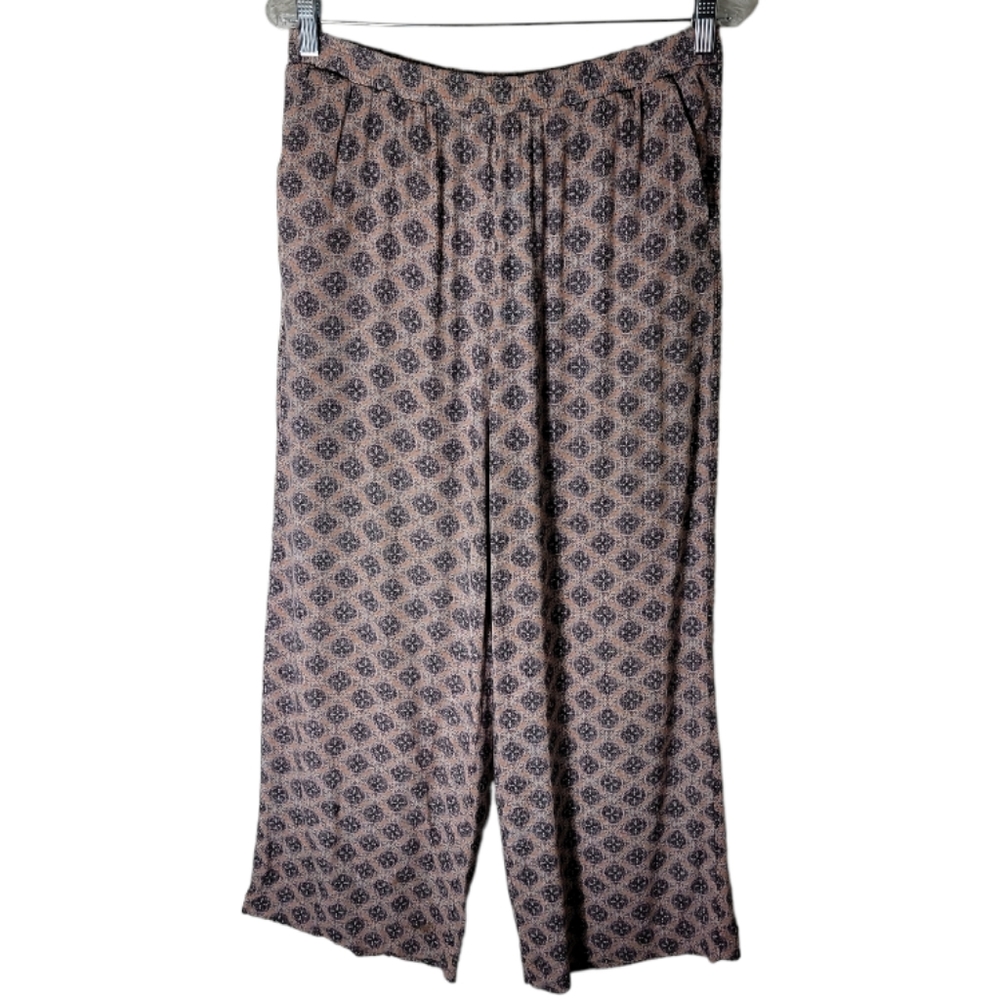 H&M Smocked Waist Wide Leg Pants Size 8 orange white tan geometric print